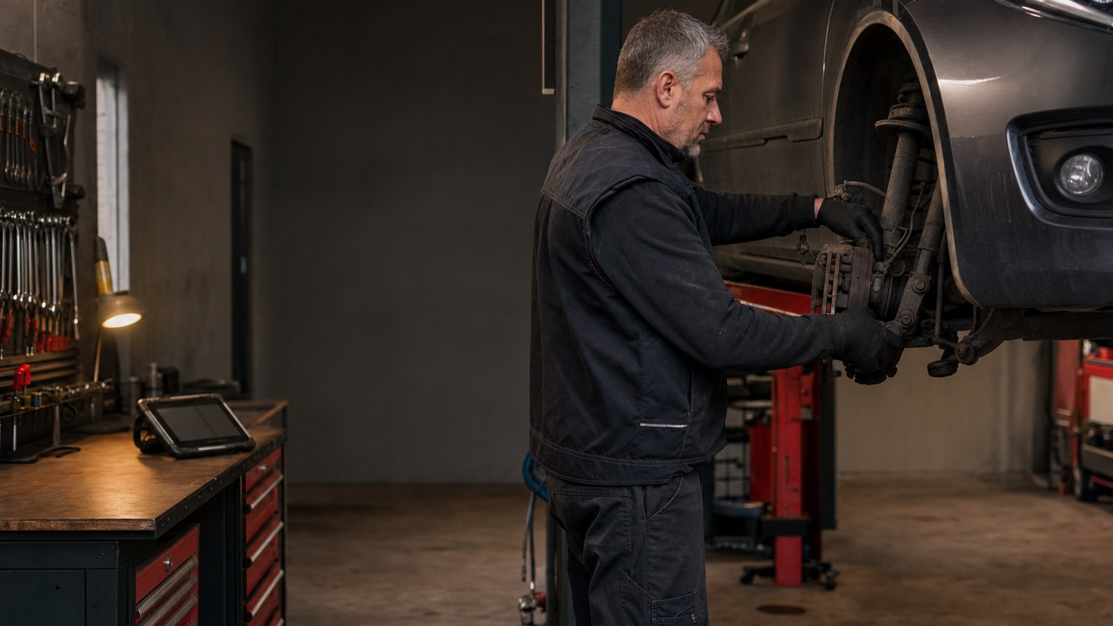 Mechanikas Kalnupės autoservise remontuoja automobilio stabdžius ir pakabą